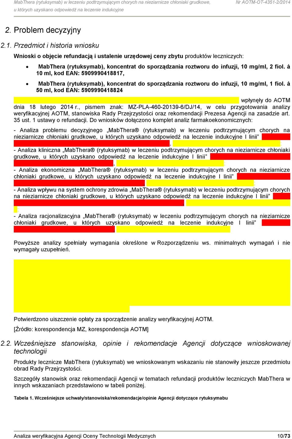 fiol. á 10 ml, kod EAN: 5909990418817, MabThera (rytuksymab), koncentrat do sporządzania roztworu do infuzji, 10 mg/ml, 1 fiol. á 50 ml, kod EAN: 5909990418824 wpłynęły do AOTM dnia 18 lutego 2014 r.