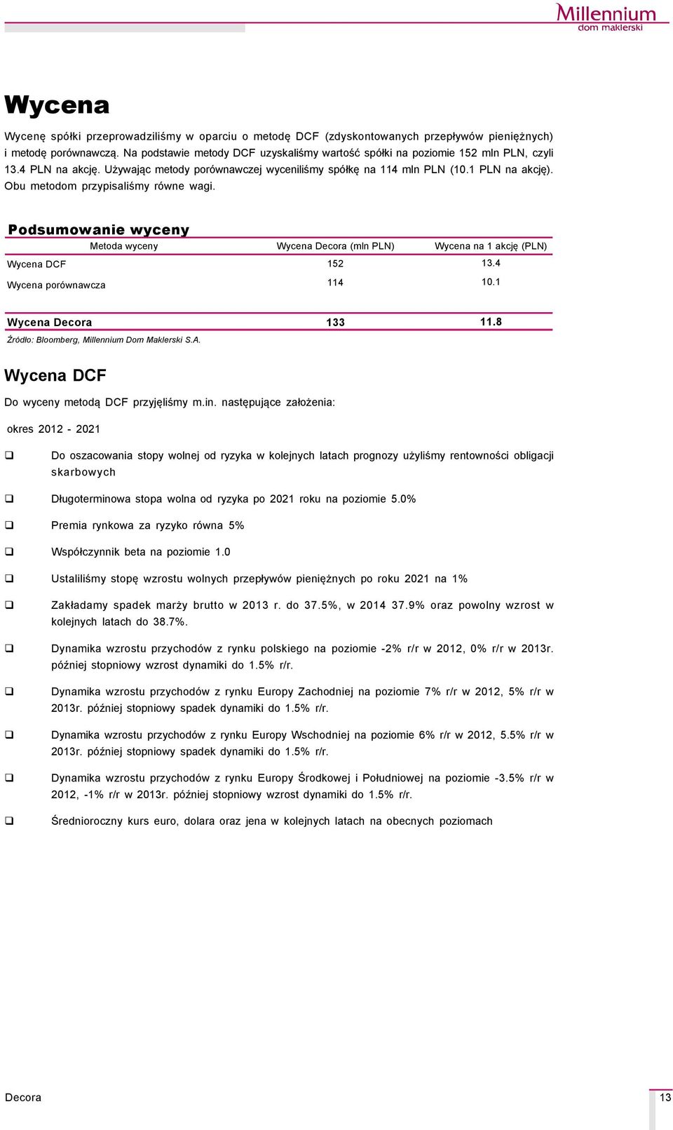 Obu metodom przypisaliśmy rçwne wagi. Podsumowanie wyceny Metoda wyceny Wycena (mln PLN) Wycena na 1 akcję (PLN) Wycena DCF 152 13.4 Wycena porçwnawcza 114 10.1 Wycena 133 11.