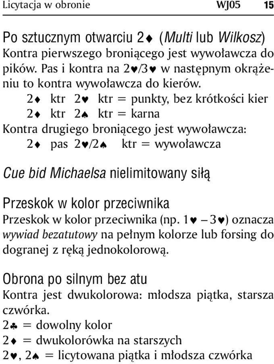 2 ktr 2 ktr = punkty, bez krótkości kier 2 ktr 2 ktr = karna Kontra drugiego broniącego jest wywoławcza: 2 pas 2 /2 ktr = wywoławcza Cue bid Michaelsa nielimitowany siłą