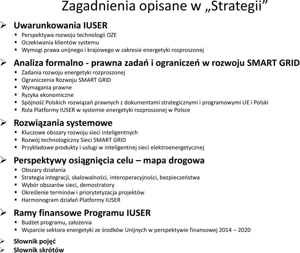 prawnych z dokumentami strategicznymi i programowymi UE i Polski Rola Platformy IUSER w systemie energetyki rozproszonej w Polsce Rozwiązania systemowe Kluczowe obszary rozwoju sieci inteligentnych
