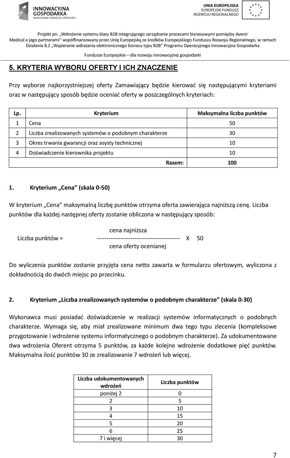 Kryterium Maksymalna liczba punktów 1 Cena 50 2 Liczba zrealizowanych systemów o podobnym charakterze 30 3 Okres trwania gwarancji oraz asysty technicznej 10 4 Doświadczenie kierownika projektu 10