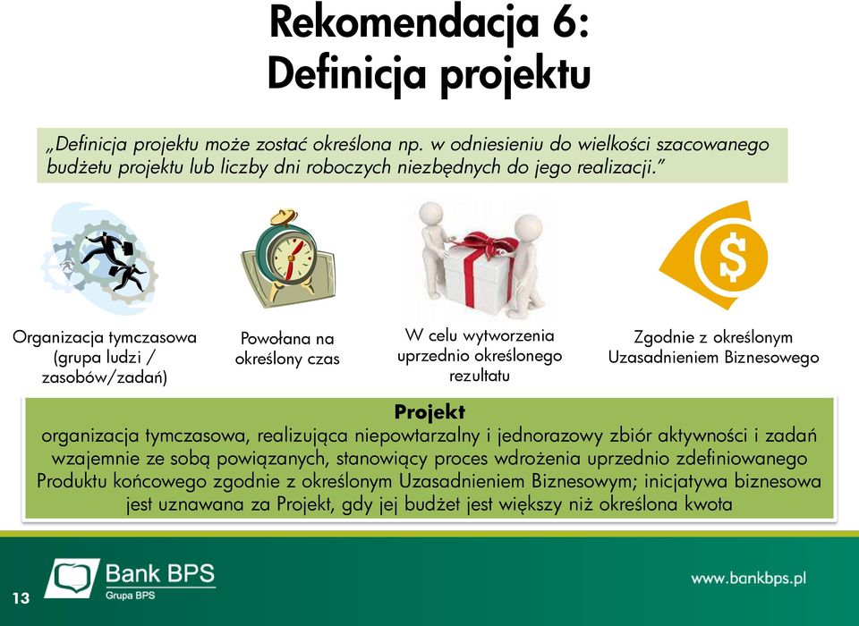Organizacja tymczasowa (grupa ludzi / zasobów/zadań) Powołana na określony czas W celu wytworzenia uprzednio określonego rezultatu Zgodnie z określonym Uzasadnieniem Biznesowego
