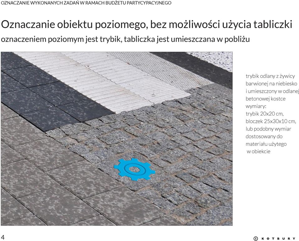na niebiesko i umieszczony w odlanej betonowej kostce wymiary: trybik 20x20 cm,