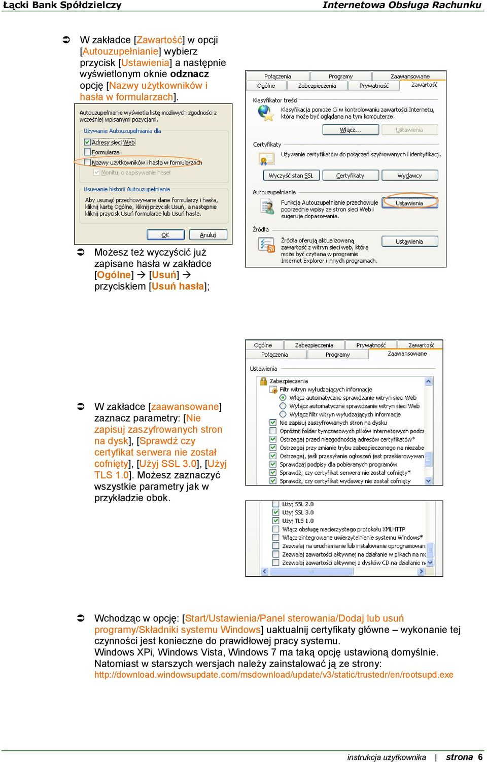 certyfikat serwera nie został cofnięty], [Użyj SSL 3.0], [Użyj TLS 1.0]. Możesz zaznaczyć wszystkie parametry jak w przykładzie obok.