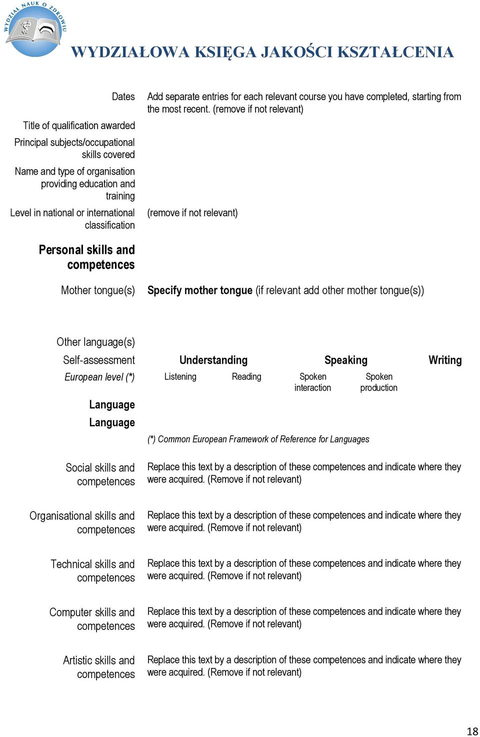 (remove if not relevant) (remove if not relevant) Personal skills and competences Mother tongue(s) Specify mother tongue (if relevant add other mother tongue(s)) Other language(s) Self-assessment