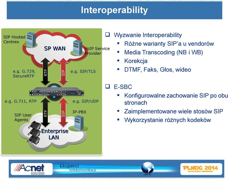 Transcoding (NB i WB) Provider Korekcja DTMF, Faks, Głos, wideo e.g. SIP/TLS RTP SIP Hosted Centrex SIP SIP User Agents e.