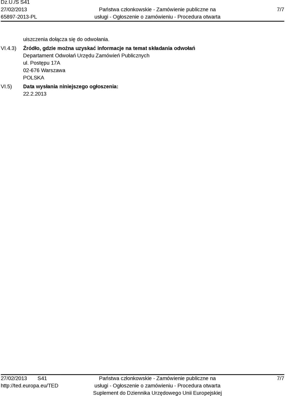 odwołań Departament Odwołań Urzędu Zamówień Publicznych ul.