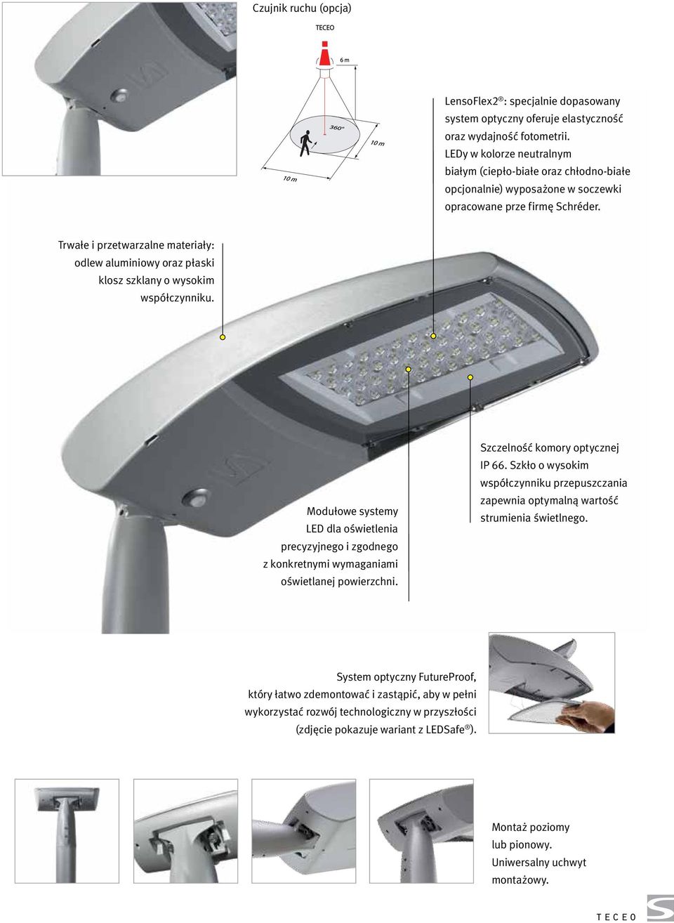 Trwałe i przetwarzalne materiały: odlew aluminiowy oraz płaski klosz szklany o wysokim współczynniku.