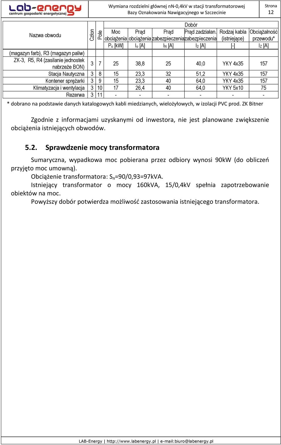 jednostek nabrzeże BON) 3 7 25 38,8 25 40,0 YKY 4x35 157 Stacja Nautyczna 3 8 15 23,3 32 51,2 YKY 4x35 157 Kontener sprężarki 3 9 15 23,3 40 64,0 YKY 4x35 157 Klimatyzacja i wentylacja 3 10 17 26,4