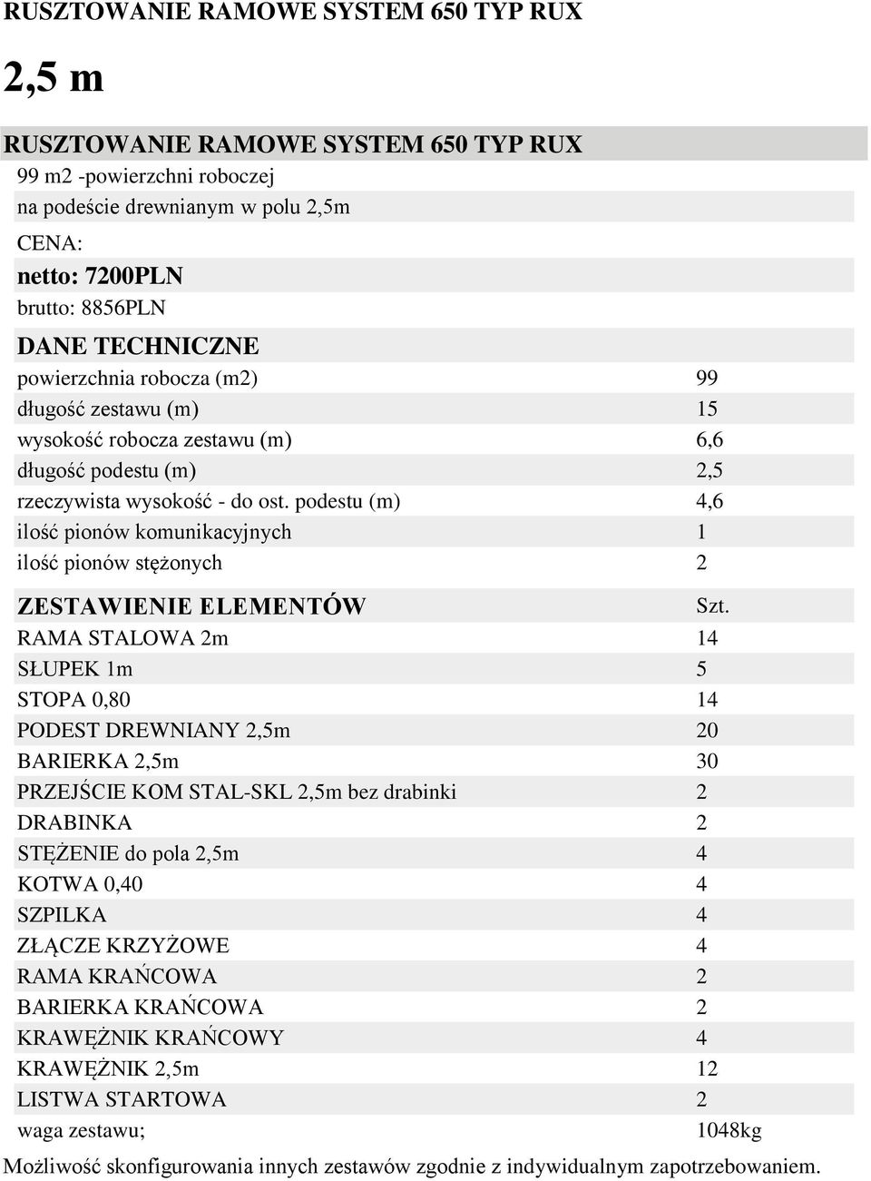 stężonych 2 RAMA STALOWA 2m 14 SŁUPEK 1m 5 STOPA 0,80 14 PODEST DREWNIANY 2,5m 20 BARIERKA 2,5m 30 PRZEJŚCIE KOM