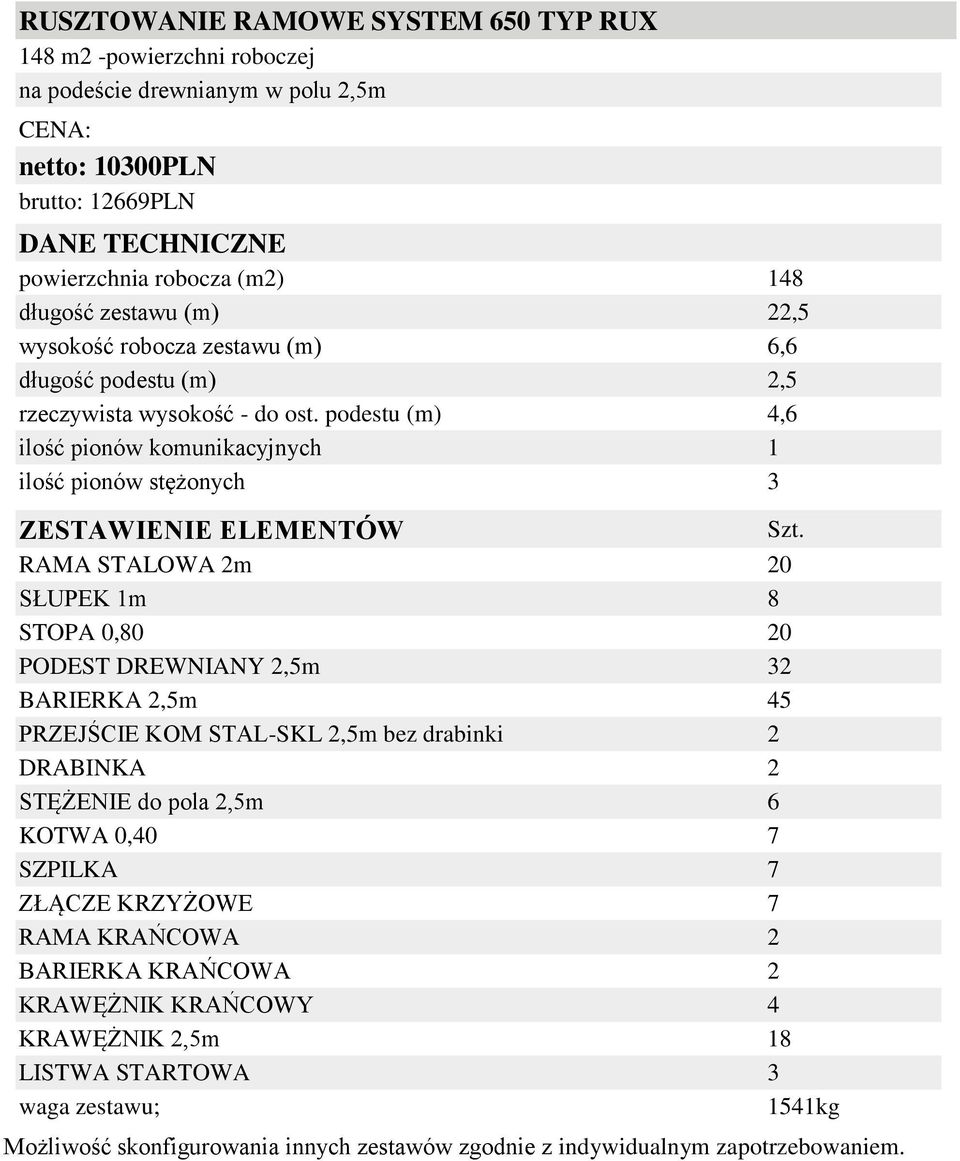 SŁUPEK 1m 8 STOPA 0,80 20 PODEST DREWNIANY 2,5m 32 BARIERKA 2,5m 45 PRZEJŚCIE KOM STAL-SKL 2,5m