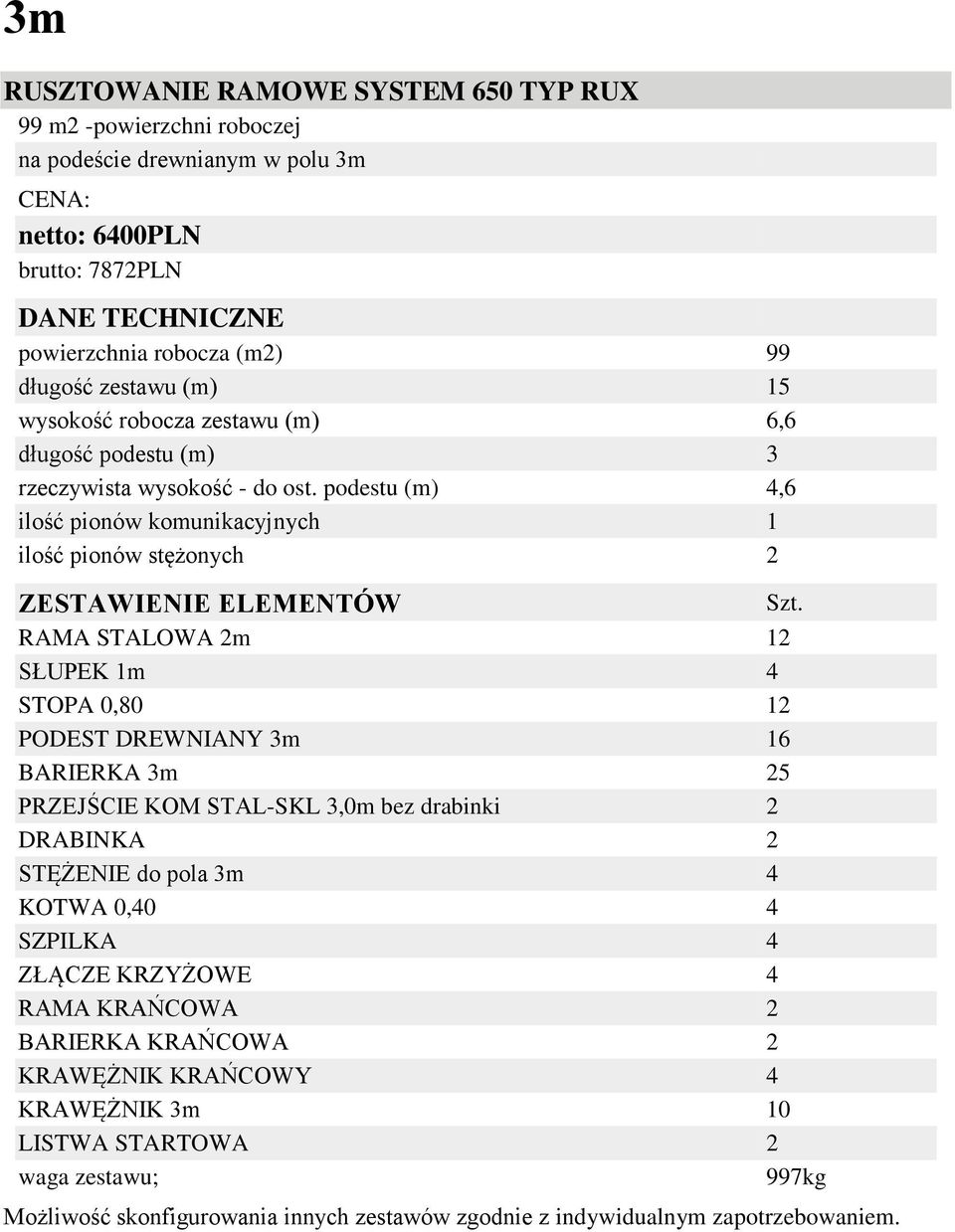 stężonych 2 RAMA STALOWA 2m 12 SŁUPEK 1m 4 STOPA 0,80 12 PODEST DREWNIANY 3m 16 BARIERKA 3m 25 PRZEJŚCIE KOM