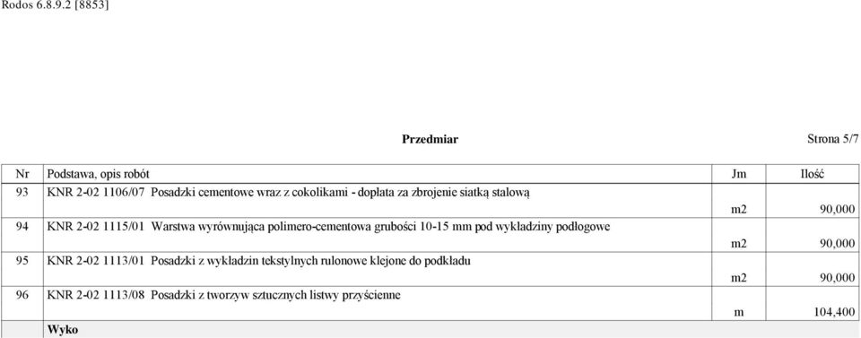 wewnętrznych KNR 2-02 1114/03 Wykładziny stopni schodowych - wykładzina tekstylna 98 Sufit podwieszany KNR 2-02 0616/01 Izolacje z folii PE 99 Połączenie budynku z gankie KNR 4-01 0329/03 Wykucie