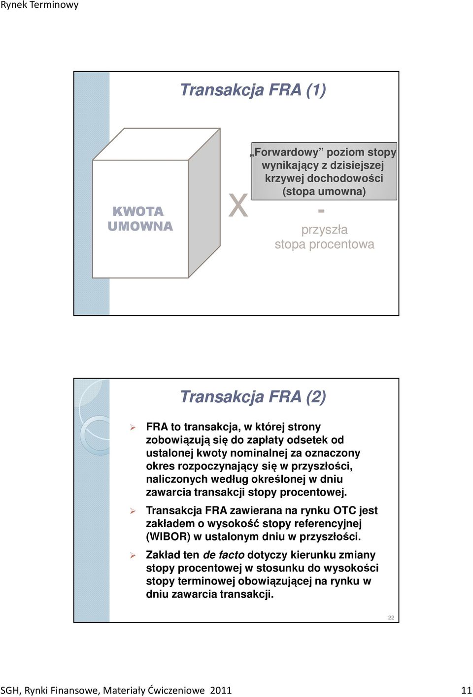 dniu zawarcia transakcji stopy procentowej. Transakcja FRA zawierana na rynku OTC jest zakładem o wysokość stopy referencyjnej (WIBOR) w ustalonym dniu w przyszłości.