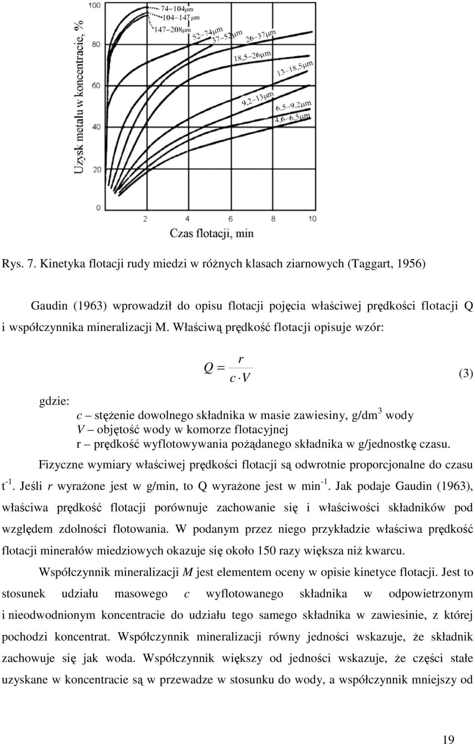 składnika w g/jednostkę czasu. Fizyczne wymiary właściwej prędkości flotacji są odwrotnie proporcjonalne do czasu t -1. Jeśli r wyrażone jest w g/min, to Q wyrażone jest w min -1.