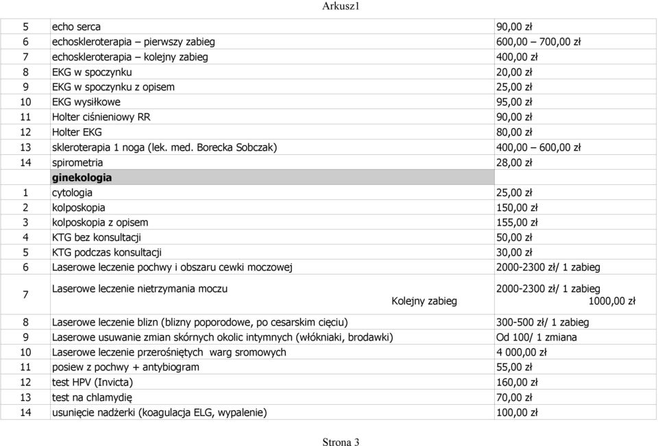 Borecka Sobczak) 400,00 600,00 zł 14 spirometria 28,00 zł ginekologia 1 cytologia 25,00 zł 2 kolposkopia 150,00 zł 3 kolposkopia z opisem 155,00 zł 4 KTG bez konsultacji 50,00 zł 5 KTG podczas