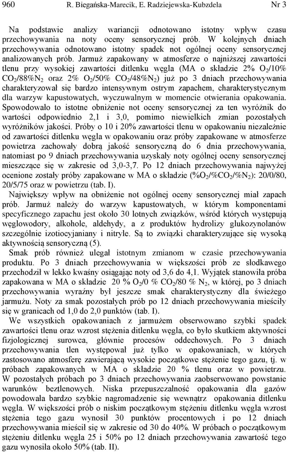 Jarmuż zapakowany w atmosferze o najniższej zawartości tlenu przy wysokiej zawartości ditlenku węgla (MA o składzie 2% O 2 /10% CO 2 /88%N 2 oraz 2% O 2 /50% CO 2 /48%N 2 ) już po 3 dniach