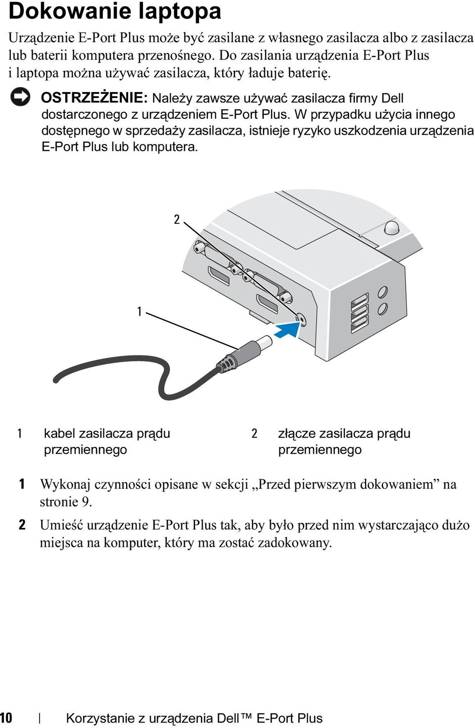 W przypadku użycia innego dostępnego w sprzedaży zasilacza, istnieje ryzyko uszkodzenia urządzenia E-Port Plus lub komputera.