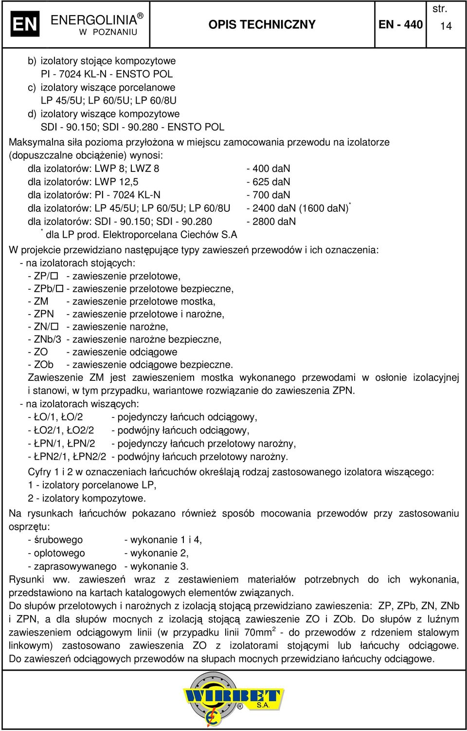 izolatorów: PI - 704 KL-N - 700 dan dla izolatorów: LP 45/5U; LP 60/5U; LP 60/8U - 400 dan (600 dan) * dla izolatorów: SDI - 90.50; SDI - 90.80-800 dan * dla LP prod. Elektroporcelana Ciechów S.