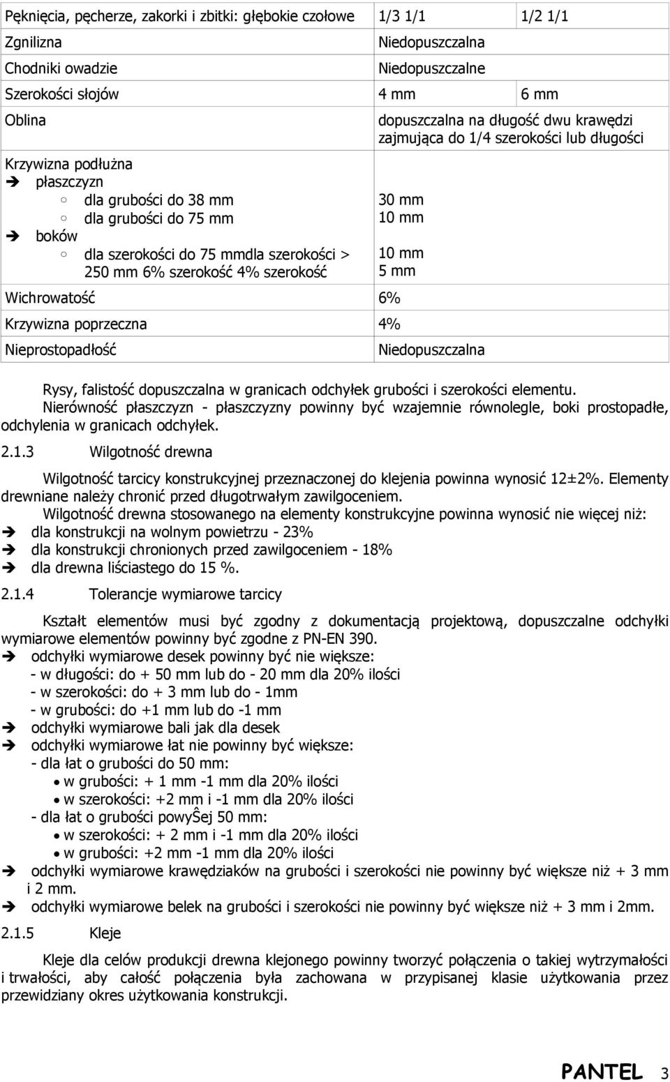 mm 10 mm 10 mm 5 mm Wichrowatość 6% Krzywizna poprzeczna 4% Nieprostopadłość Niedopuszczalna Rysy, falistość dopuszczalna w granicach odchyłek grubości i szerokości elementu.