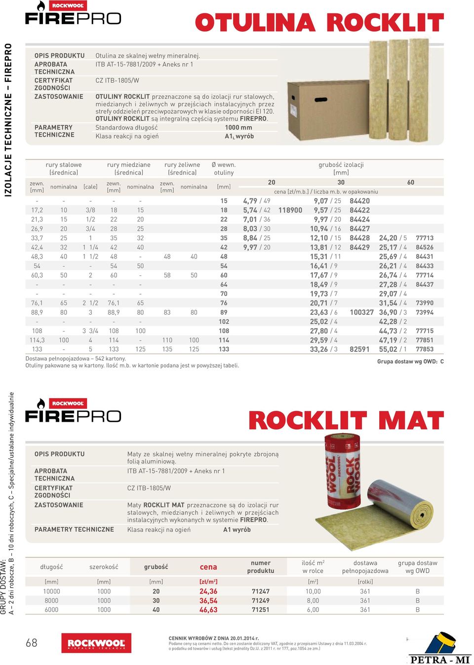 w klasie odporności EI 120. OTULINY ROCKLIT są integralną częścią systemu FIREPRO. Standardowa długość 1000 mm Klasa reakcji na ogień A1 L wyrób rury miedziane (średnica) zewn.