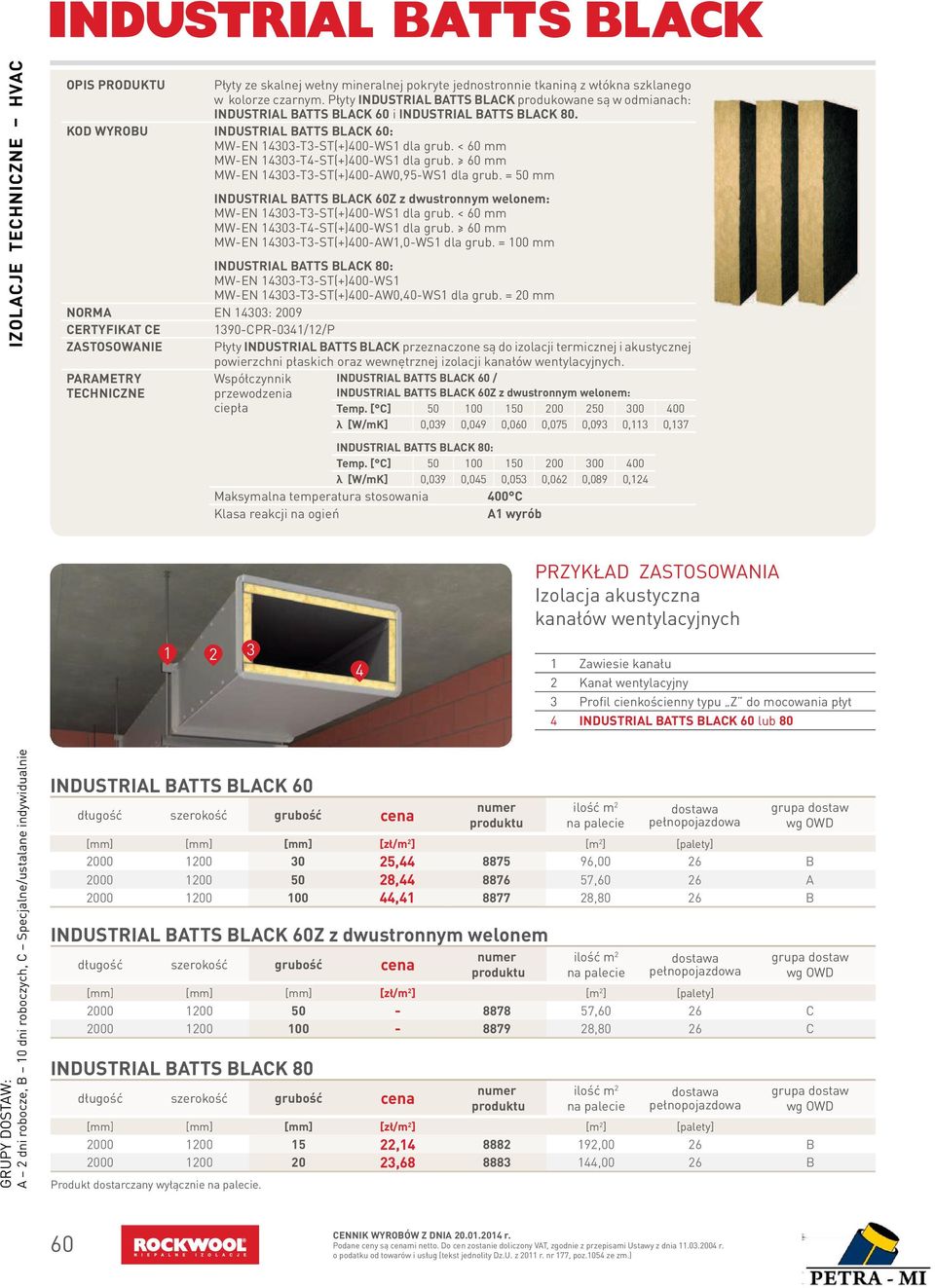 < 60 mm MW-EN 14303-T4-ST(+)400-WS1 dla grub. 60 mm MW-EN 14303-T3-ST(+)400-AW0,95-WS1 dla grub. = 50 mm INDUSTRIAL BATTS BLACK 60Z z dwustronnym welonem: MW-EN 14303-T3-ST(+)400-WS1 dla grub.