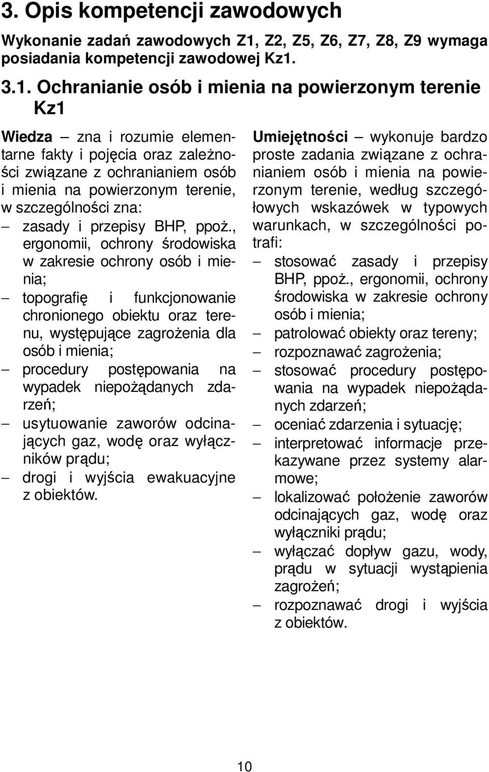 3.1. Ochranianie osób i mienia na powierzonym terenie Kz1 Wiedza zna i rozumie elementarne fakty i pojęcia oraz zależności związane z ochranianiem osób i mienia na powierzonym terenie, w