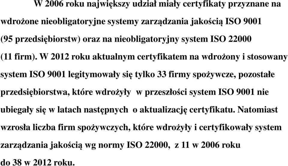 W 2012 roku aktualnym certyfikatem na wdrożony i stosowany system ISO 9001 legitymowały się tylko 33 firmy spożywcze, pozostałe przedsiębiorstwa, które