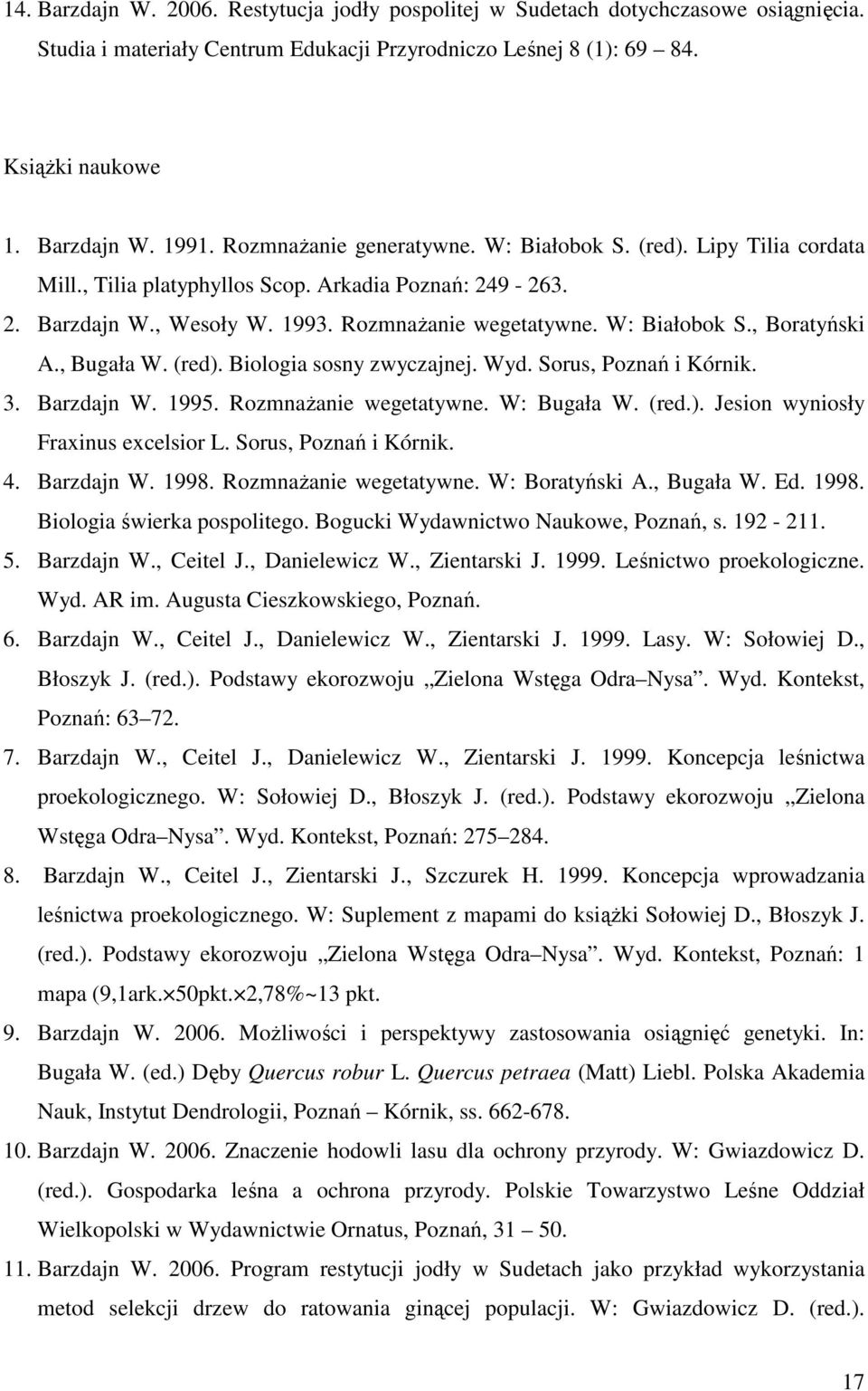 , Bugała W. (red). Biologia sosny zwyczajnej. Wyd. Sorus, Poznań i Kórnik. 3. Barzdajn W. 1995. RozmnaŜanie wegetatywne. W: Bugała W. (red.). Jesion wyniosły Fraxinus excelsior L.