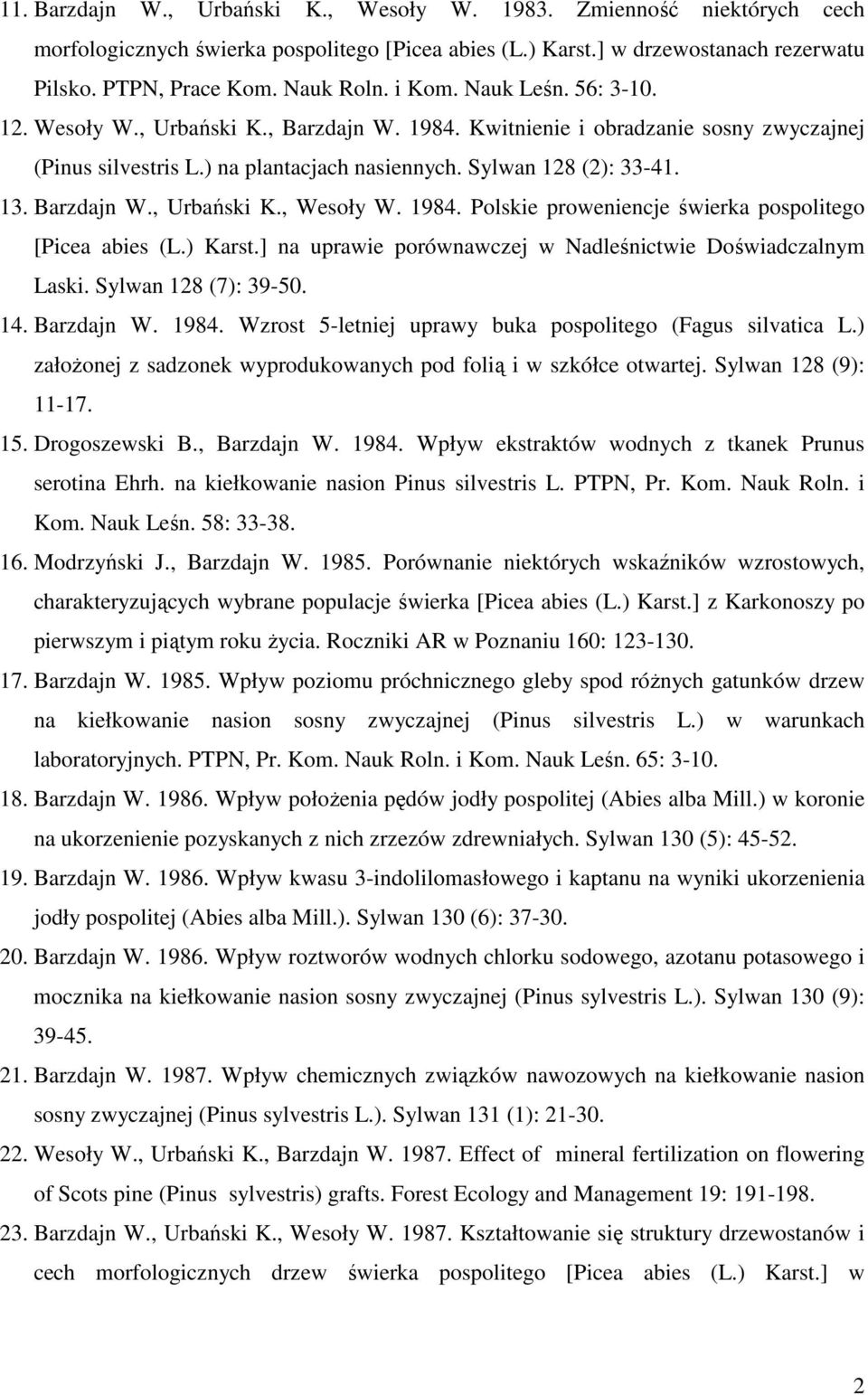 Barzdajn W., Urbański K., Wesoły W. 1984. Polskie proweniencje świerka pospolitego [Picea abies (L.) Karst.] na uprawie porównawczej w Nadleśnictwie Doświadczalnym Laski. Sylwan 128 (7): 39-50. 14.