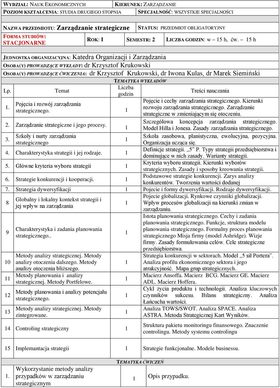 . Temat Pojęcia i rozwój zarządzania TEMATYKA WYKŁADÓW Liczba godzin Treści nauczania Pojęcie i cechy zarządzania Kierunki rozwoju zarządzania Zarządzanie strategiczne w zmieniającym się otoczeniu. 2.