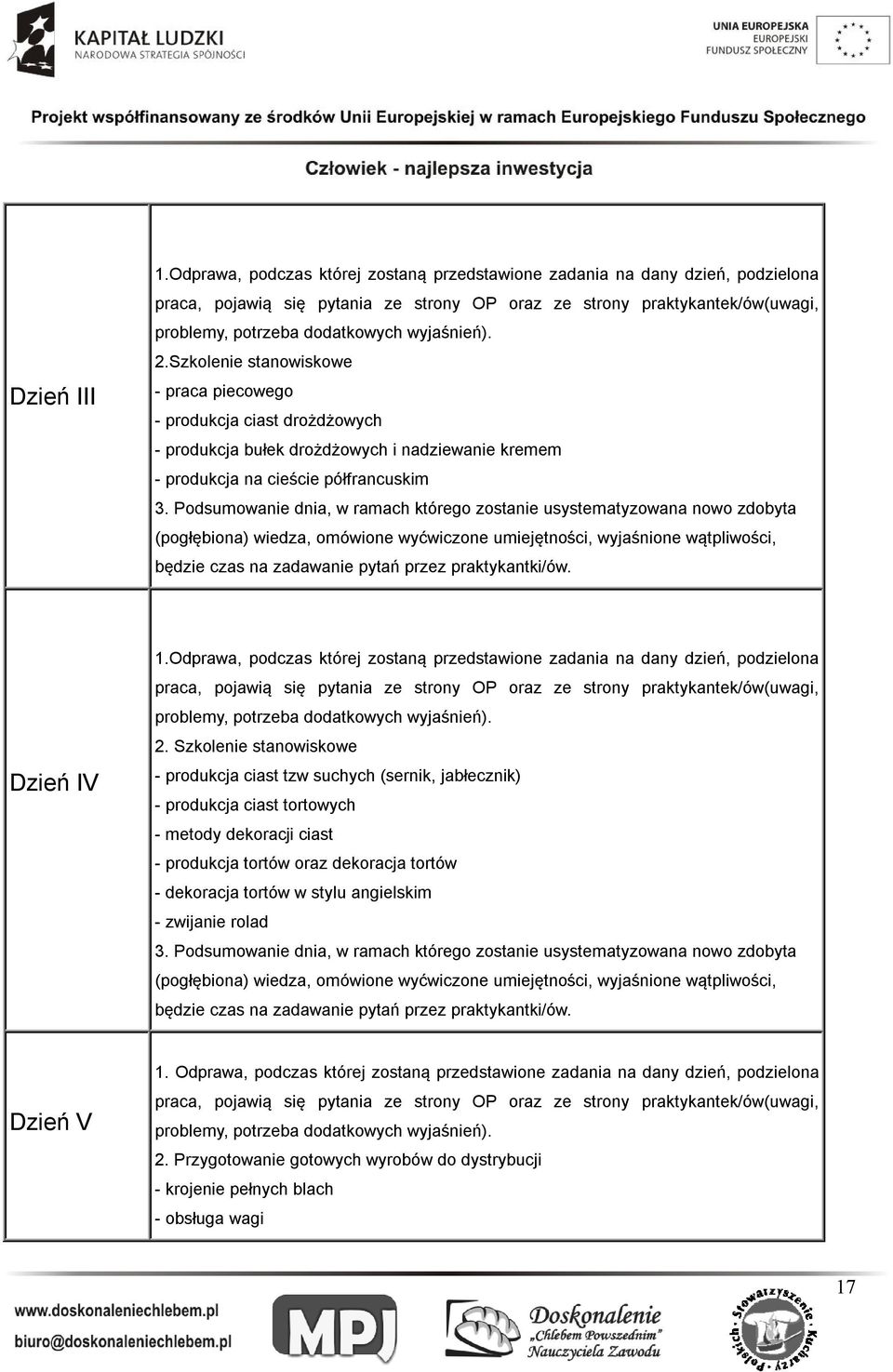 2.Szkolenie stanowiskowe - praca piecowego - produkcja ciast drożdżowych - produkcja bułek drożdżowych i nadziewanie kremem - produkcja na cieście półfrancuskim 3.