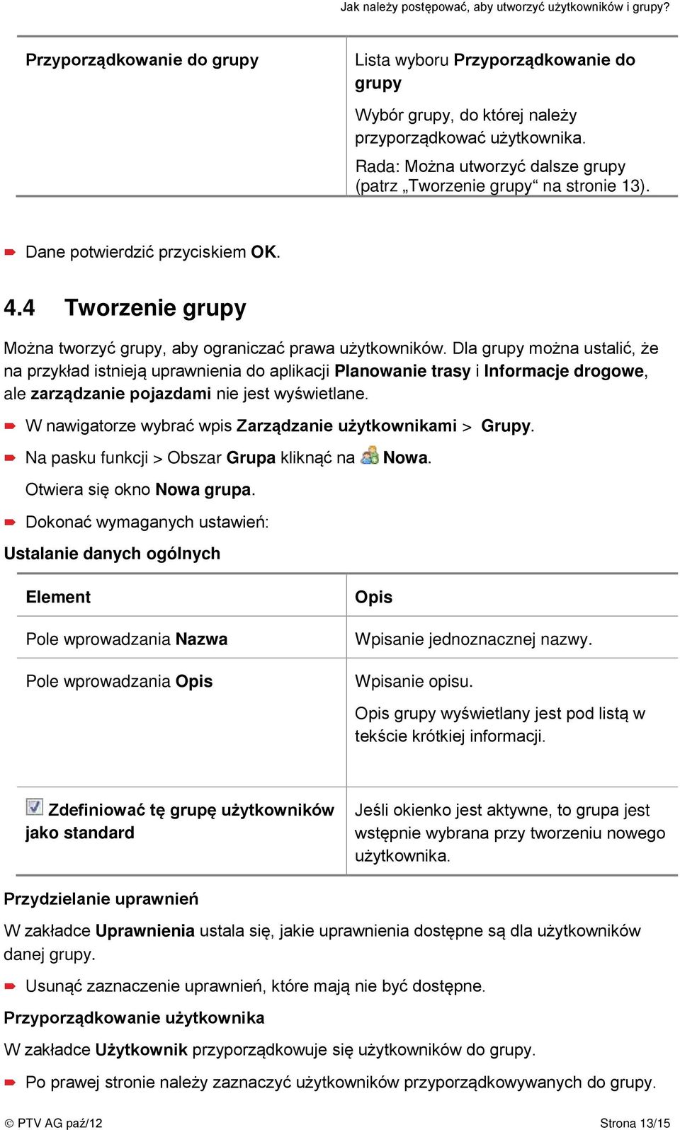 Dla grupy można ustalić, że na przykład istnieją uprawnienia do aplikacji Planowanie trasy i Informacje drogowe, ale zarządzanie pojazdami nie jest wyświetlane.