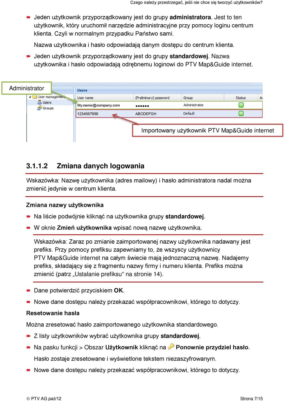 Nazwa użytkownika i hasło odpowiadają danym dostępu do centrum klienta. Jeden użytkownik przyporządkowany jest do grupy standardowej.