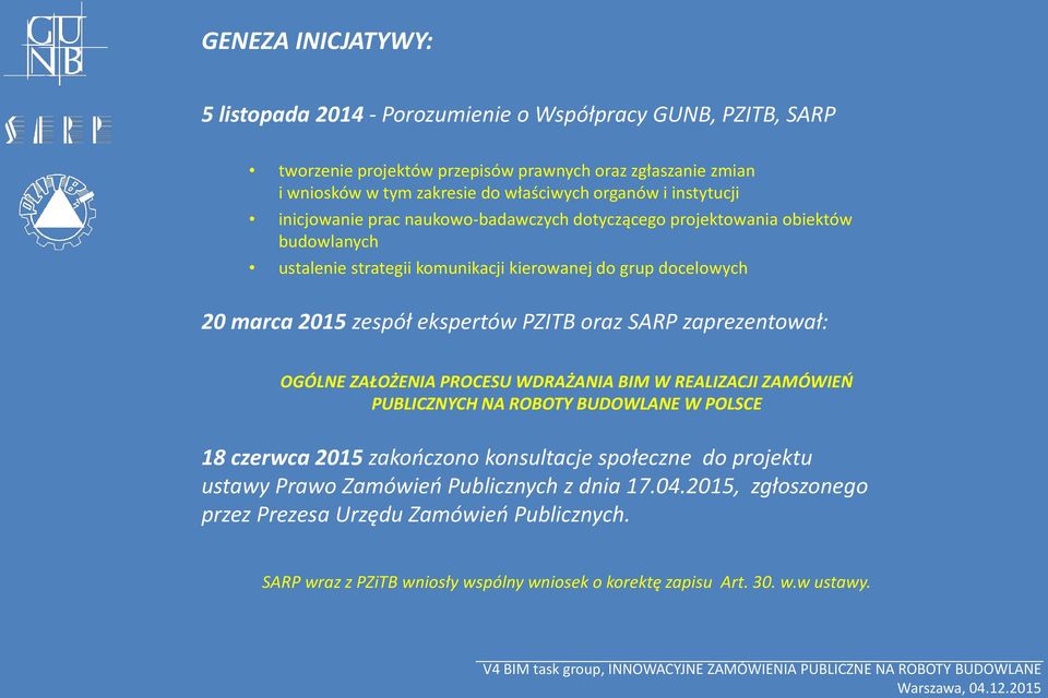PZITB oraz SARP zaprezentował: OGÓLNE ZAŁOŻENIA PROCESU WDRAŻANIA BIM W REALIZACJI ZAMÓWIEŃ PUBLICZNYCH NA ROBOTY BUDOWLANE W POLSCE 18 czerwca 2015 zakończono konsultacje społeczne do
