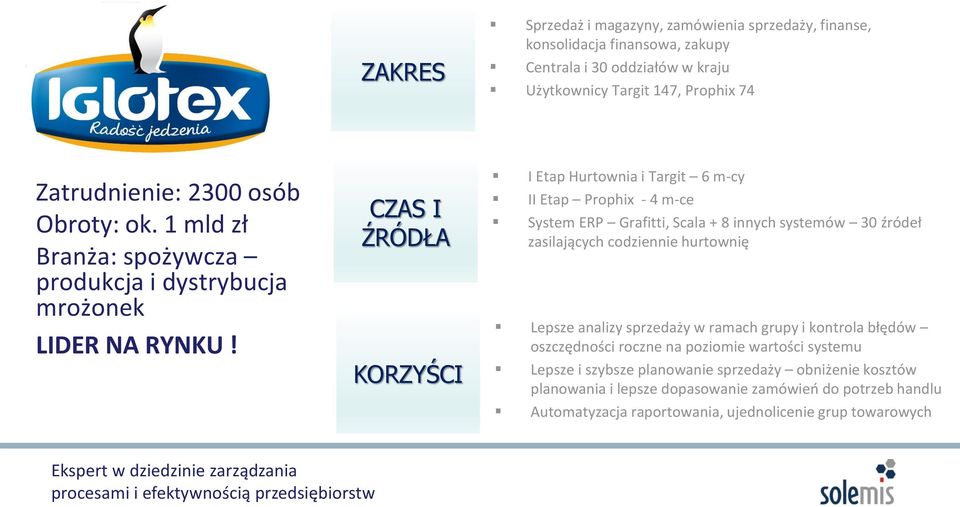 CZAS I ŹRÓDŁA KORZYŚCI I Etap Hurtownia i Targit 6 m-cy II Etap Prophix - 4 m-ce System ERP Grafitti, Scala + 8 innych systemów 30 źródeł zasilających codziennie hurtownię Lepsze