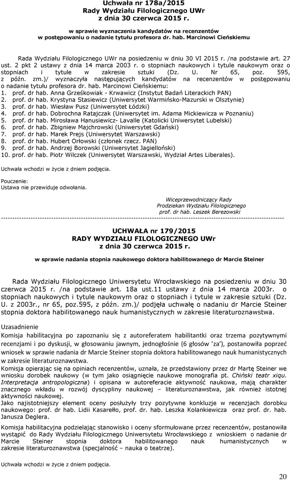 )/ wyznaczyła następujących kandydatów na recenzentów w postępowaniu o nadanie tytułu profesora dr. hab. Marcinowi Cieńskiemu: 1. prof. dr hab.