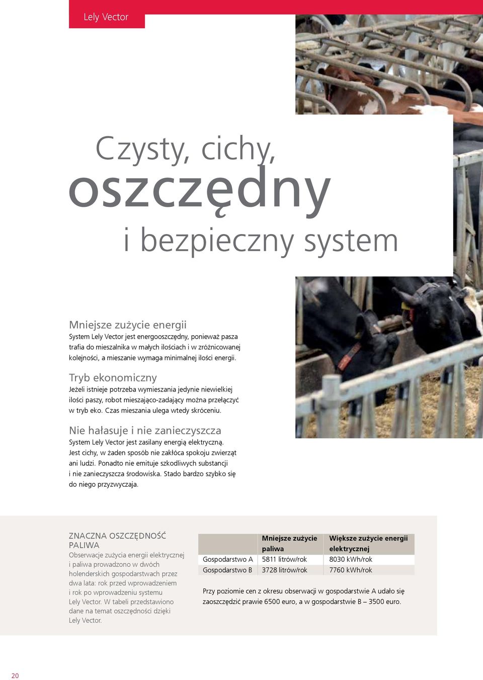 Czas mieszania ulega wtedy skróceniu. Nie hałasuje i nie zanieczyszcza System Lely Vector jest zasilany energią elektryczną. Jest cichy, w żaden sposób nie zakłóca spokoju zwierząt ani ludzi.