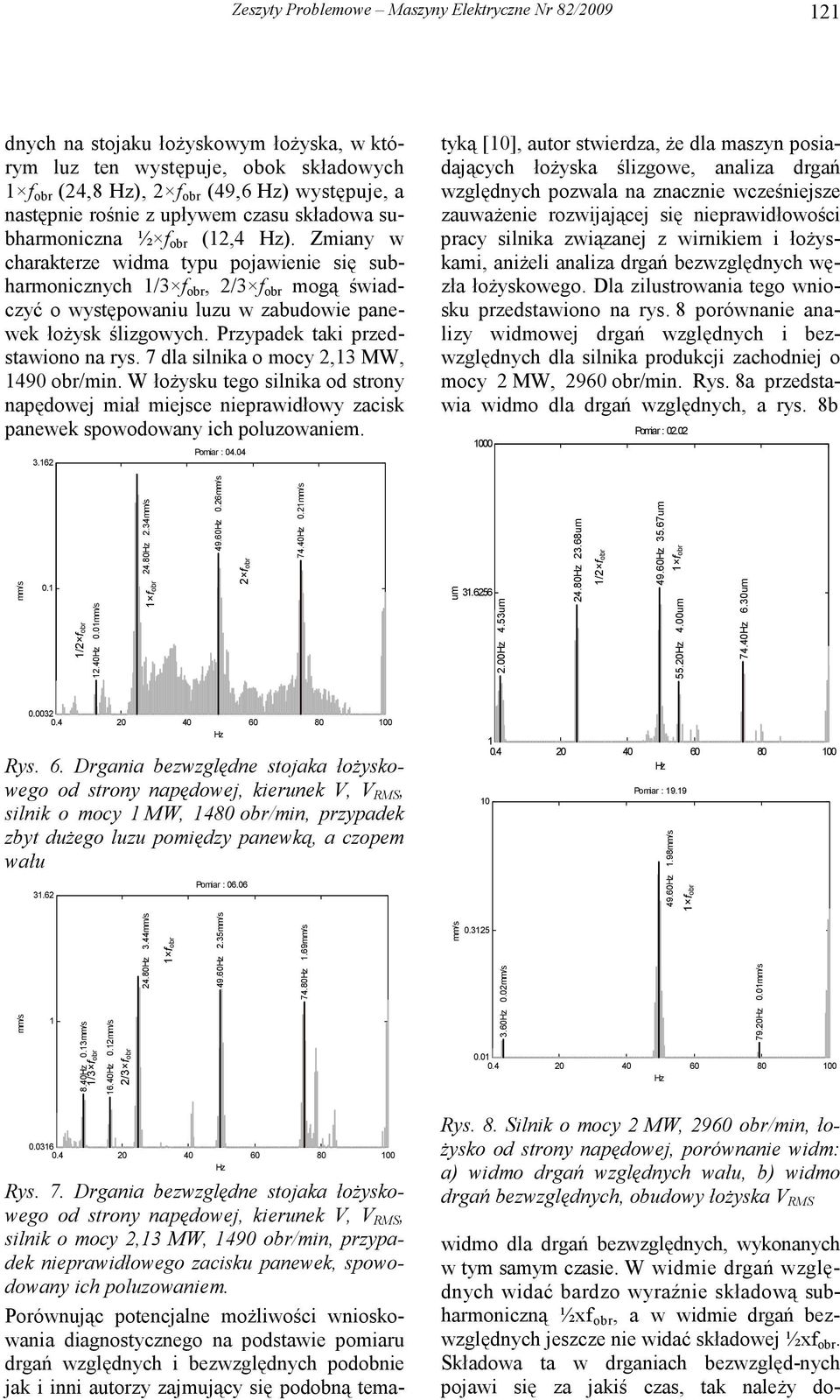 Zmiany w charakterze widma typu pojawienie się subharmonicznych 1/3 f obr, 2/3 f obr mogą świadczyć o występowaniu luzu w zabudowie panewek łoŝysk ślizgowych. Przypadek taki przedstawiono na rys.