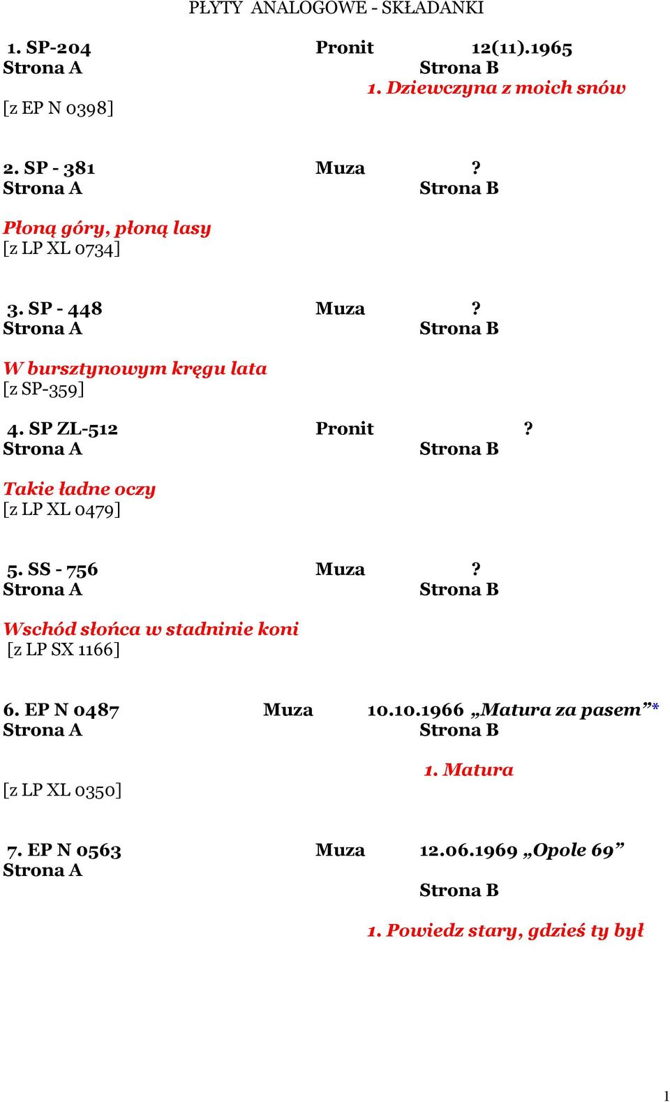 Takie ładne oczy [z LP XL 0479] 5. SS - 756 Muza? Wschód słońca w stadninie koni [z LP SX 1166] 6. EP N 0487 Muza 10.