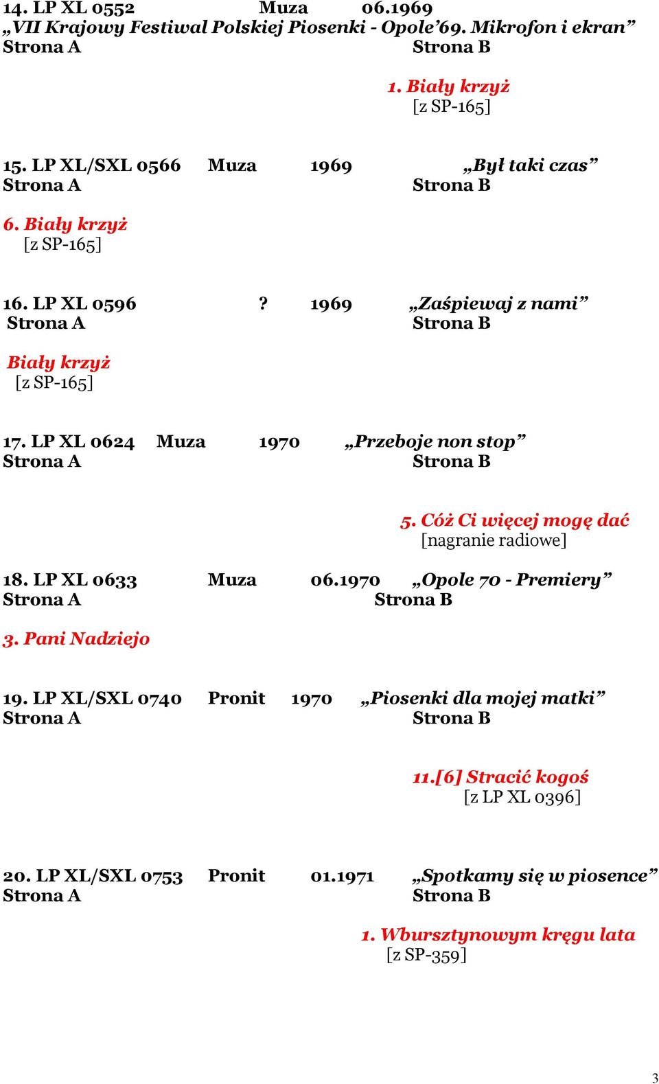 LP XL 0624 Muza 1970 Przeboje non stop 5. Cóż Ci więcej mogę dać [nagranie radiowe] 18. LP XL 0633 Muza 06.1970 Opole 70 - Premiery 3.