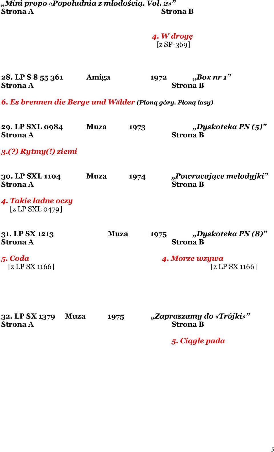 ) ziemi 30. LP SXL 1104 Muza 1974 Powracające melodyjki 4. Takie ładne oczy [z LP SXL 0479] 31.
