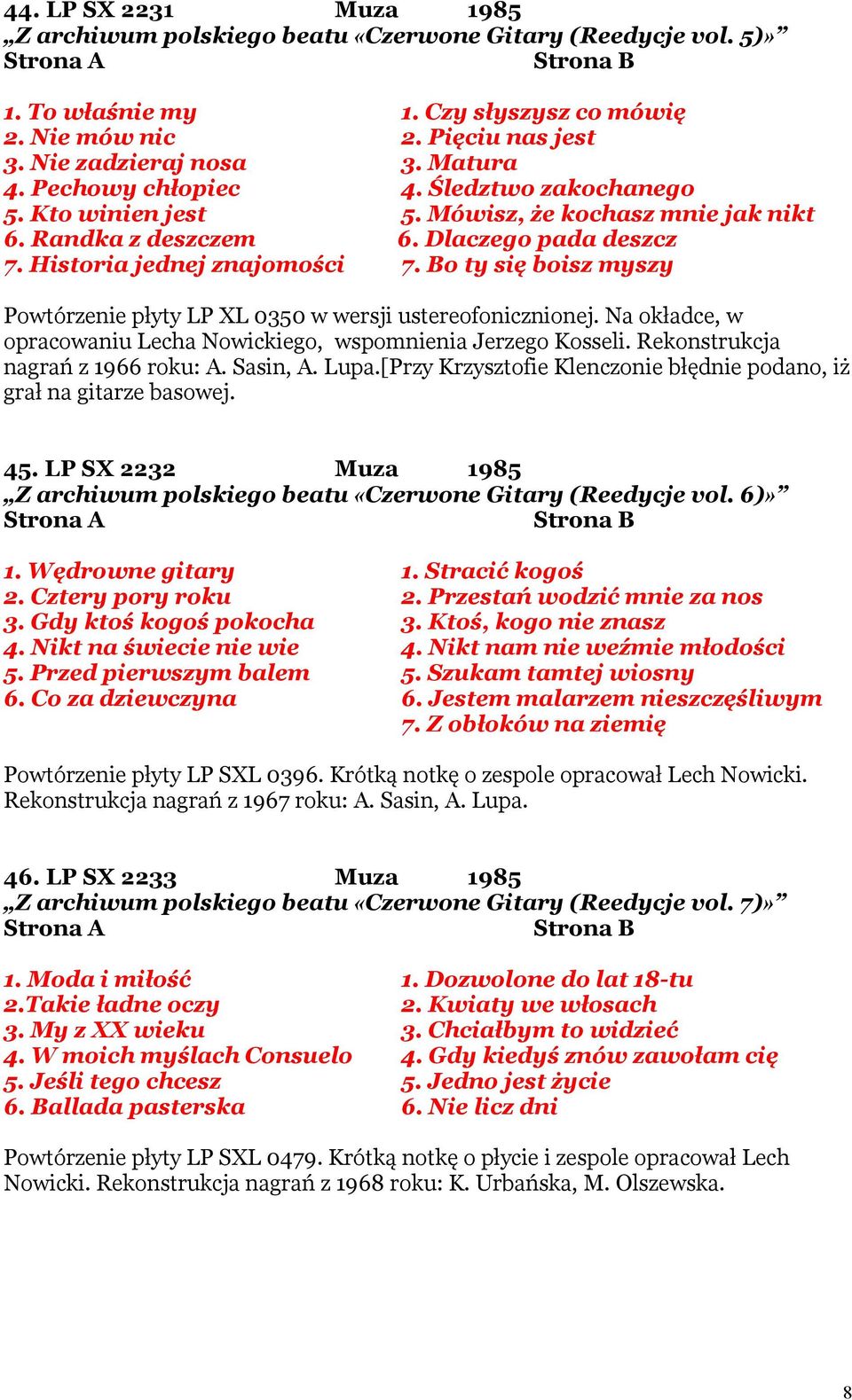 Bo ty się boisz myszy Powtórzenie płyty LP XL 0350 w wersji ustereofonicznionej. Na okładce, w opracowaniu Lecha Nowickiego, wspomnienia Jerzego Kosseli. Rekonstrukcja nagrań z 1966 roku: A. Sasin, A.