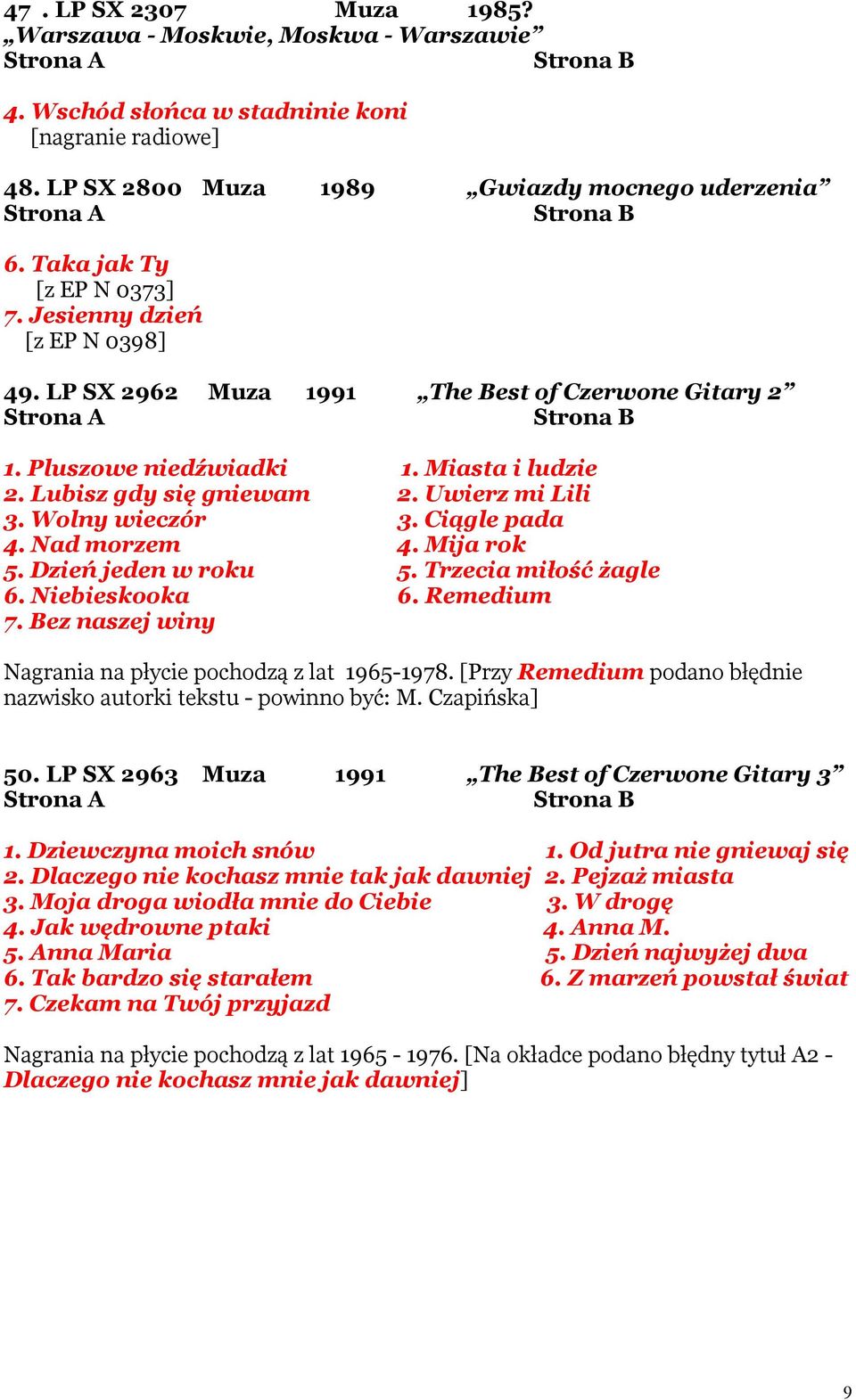 Ciągle pada 4. Nad morzem 4. Mija rok 5. Dzień jeden w roku 5. Trzecia miłośćżagle 6. Niebieskooka 6. Remedium 7. Bez naszej winy Nagrania na płycie pochodzą z lat 1965-1978.