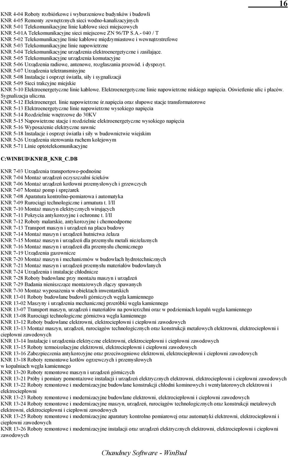 - 040 / T KNR 5-02 Telekomunikacyjne linie kablowe międzymiastowe i wewnątrzstrefowe KNR 5-03 Telekomunikacyjne linie napowietrzne KNR 5-04 Telekomunikacyjne urządzenia elektroenergetyczne i