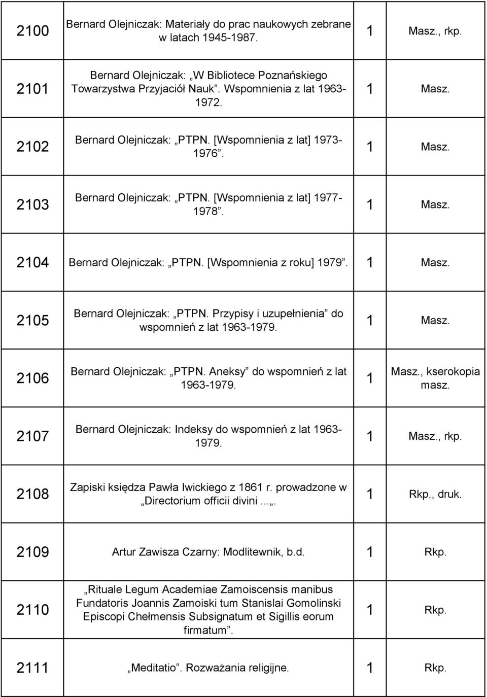 Przypisy i uzupełnienia do wspomnień z lat 963-979. Masz. 206 Bernard Olejniczak: PTPN. Aneksy do wspomnień z lat 963-979. Masz., kserokopia masz.