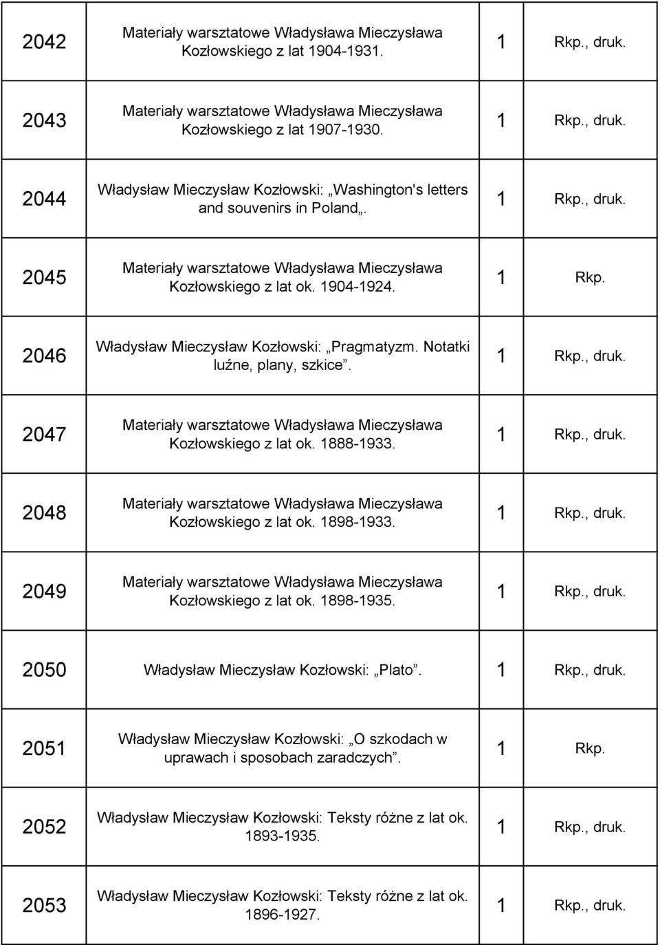 , druk. 2049 Kozłowskiego z lat ok. 898-935., druk. 2050 Władysław Mieczysław Kozłowski: Plato., druk. 205 Władysław Mieczysław Kozłowski: O szkodach w uprawach i sposobach zaradczych.