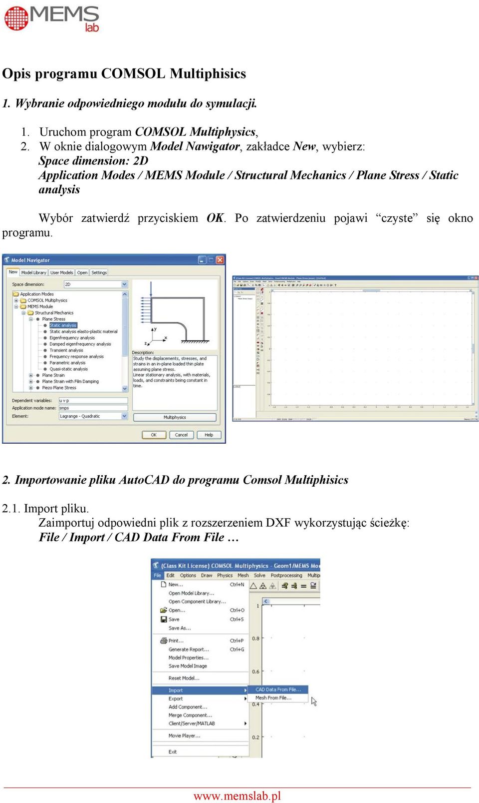 Plane Stress / Static analysis Wybór zatwierdź przyciskiem OK. Po zatwierdzeniu pojawi czyste się okno programu. 2.