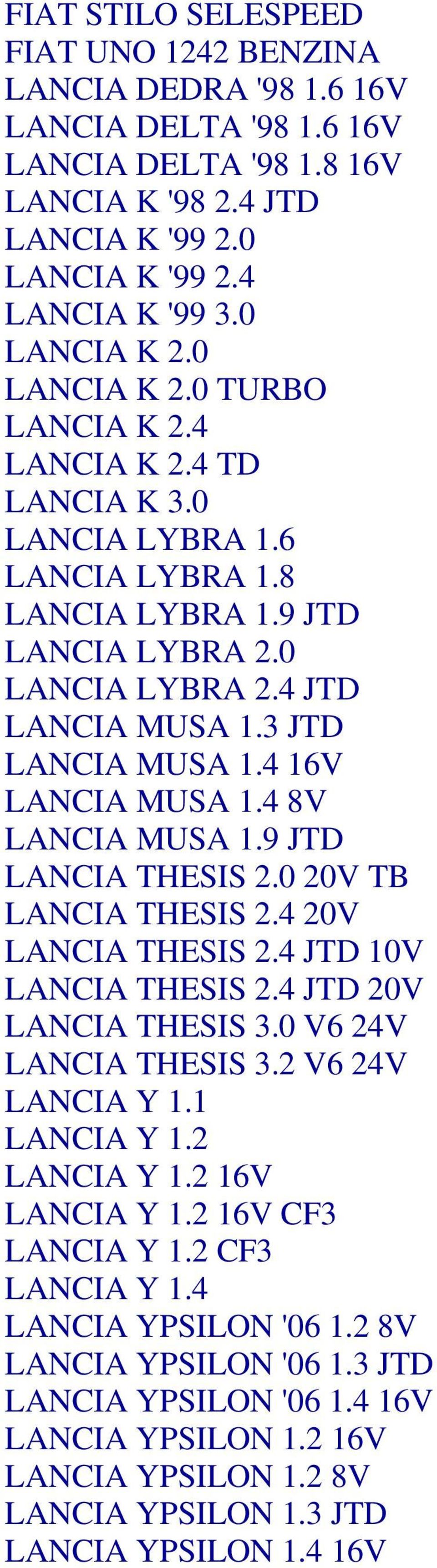 3 JTD LANCIA MUSA 1.4 16V LANCIA MUSA 1.4 8V LANCIA MUSA 1.9 JTD LANCIA THESIS 2.0 20V TB LANCIA THESIS 2.4 20V LANCIA THESIS 2.4 JTD 10V LANCIA THESIS 2.4 JTD 20V LANCIA THESIS 3.