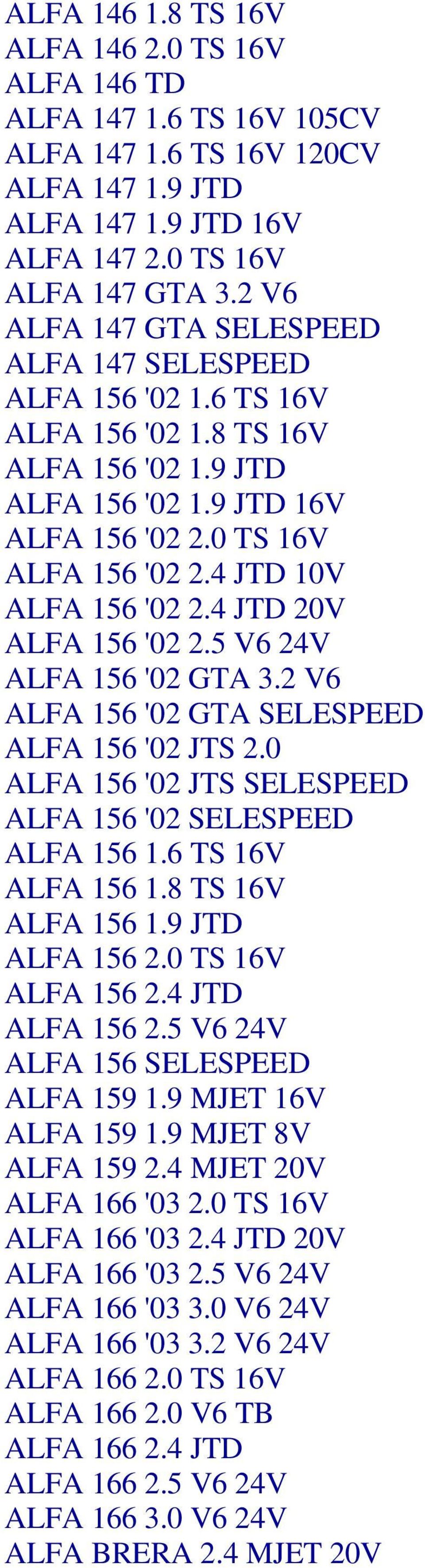 4 JTD 10V ALFA 156 '02 2.4 JTD 20V ALFA 156 '02 2.5 V6 24V ALFA 156 '02 GTA 3.2 V6 ALFA 156 '02 GTA SELESPEED ALFA 156 '02 JTS 2.0 ALFA 156 '02 JTS SELESPEED ALFA 156 '02 SELESPEED ALFA 156 1.